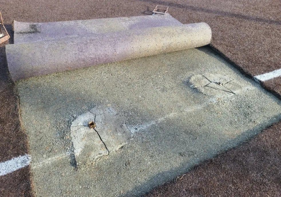 Artificial turf repair and base preparation showing the backing and compacted surface underneath